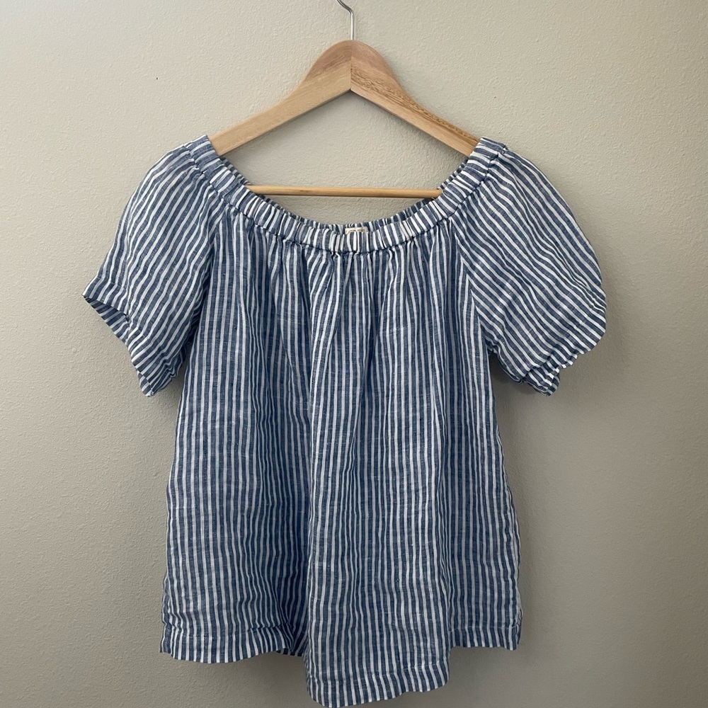 J. Crew Blue and White Puff Sleeve Smocked Blouse
